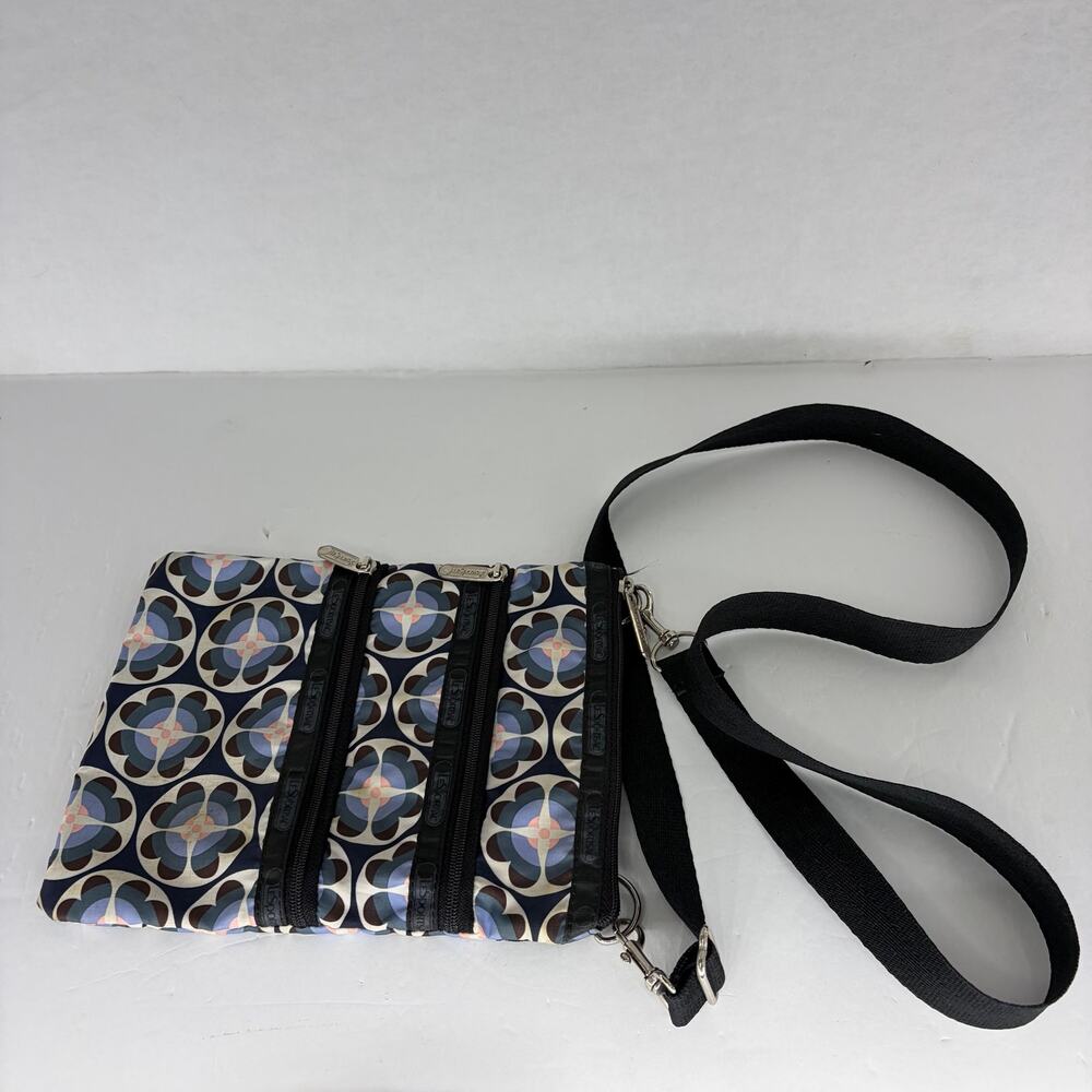 LeSportsac 3-Zip Crossbody Bag Navy Blue Medallion Print Nylon Purse